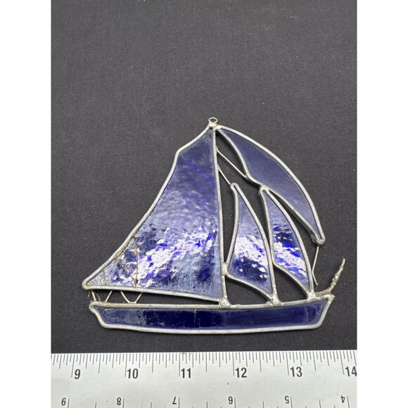 Stained Blue Glass Sailboat Suncatcher With Crack - Picture 1 of 5
